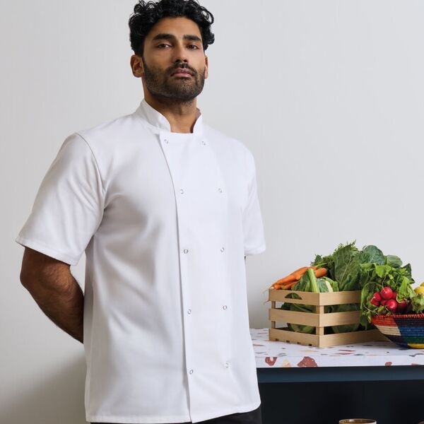 Studded front short sleeve chef's jacket Thumbnail